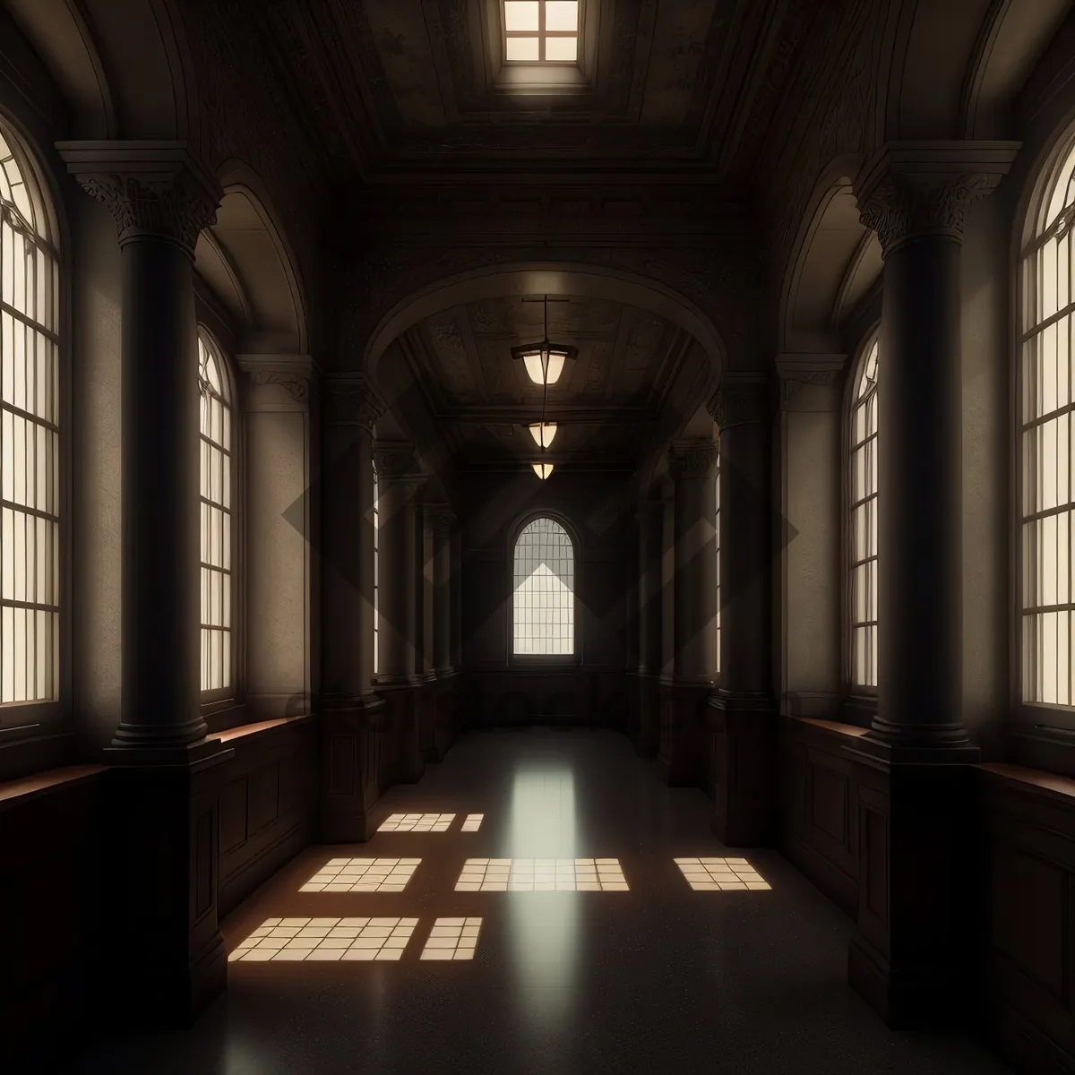 Picture of Ancient Cathedral Interior with Ornate Arched Windows