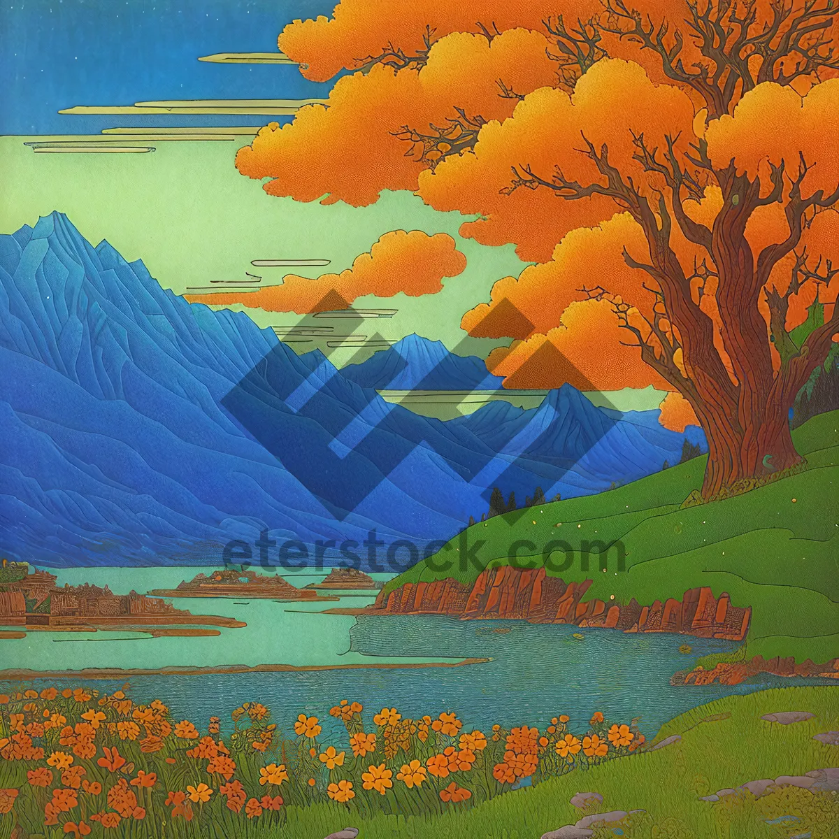 Picture of Autumn Valley in Yellow Sky