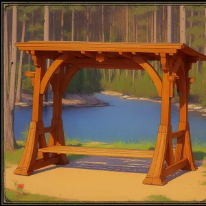 Wooden textile machine on outdoor table with chair