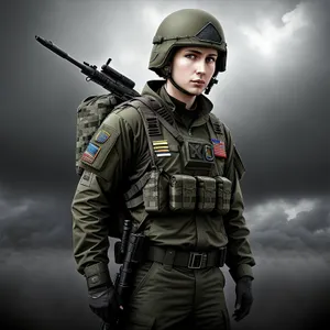 Soldier in Military Uniform with Helmet and Gun