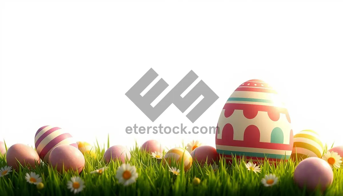 Picture of Yellow Easter egg in grass under blue sky