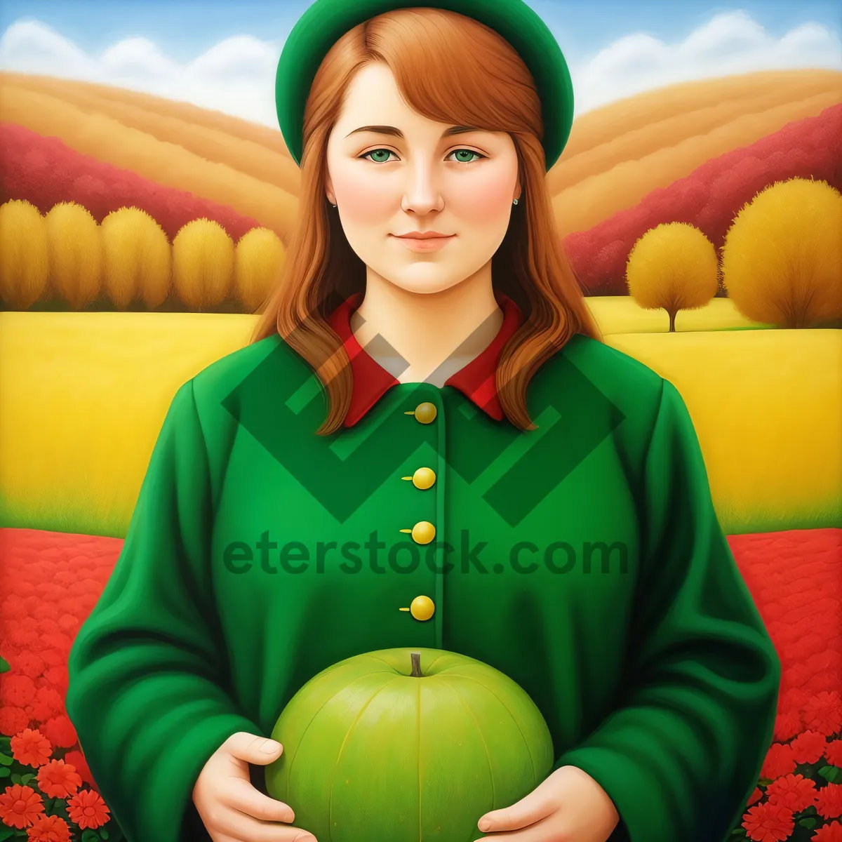 Picture of Happy Child Eating Fresh Apple, Smiling and Healthy