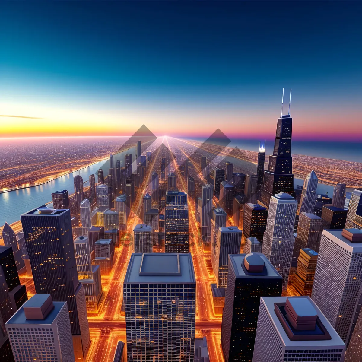 Picture of Modern city skyline overlooking river at sunset