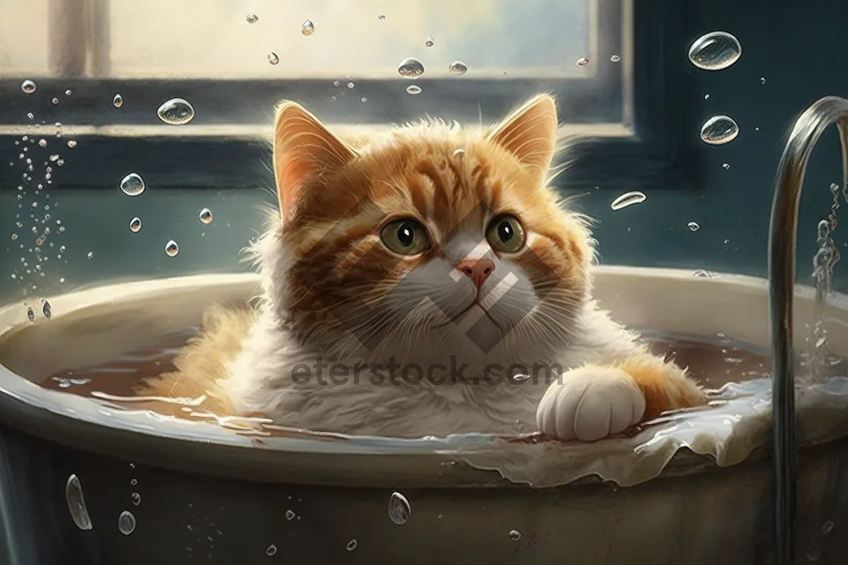 Picture of Striped tabby cat sitting in bathtub