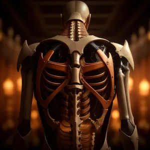 Anatomy X-Ray: Human Skeleton with Protective Metal Mask and Sword