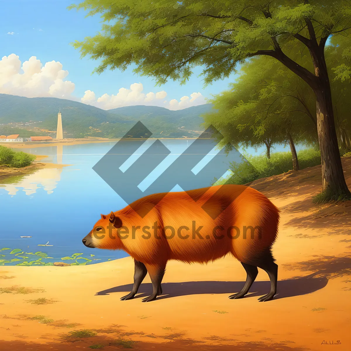 Picture of Rural Farm Field with Horses and Piggy Bank