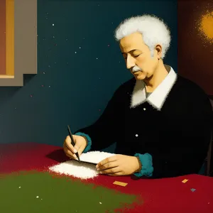 Happy blond comedian performing at table