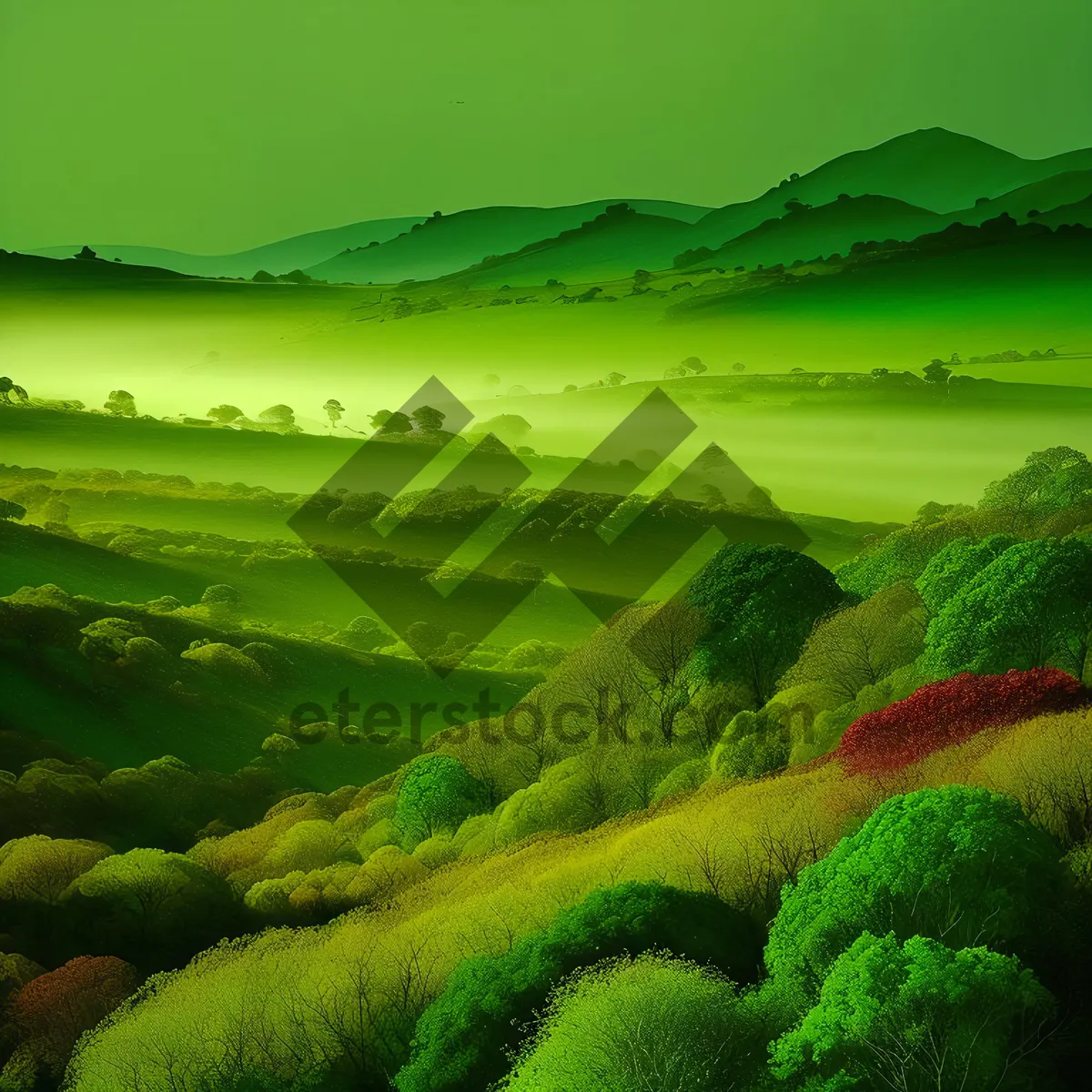 Picture of Rural farmland panorama with rolling hills and sky.