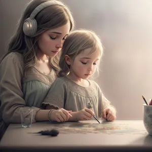 Cute Happy Mother and Child Learning Together with Laptop