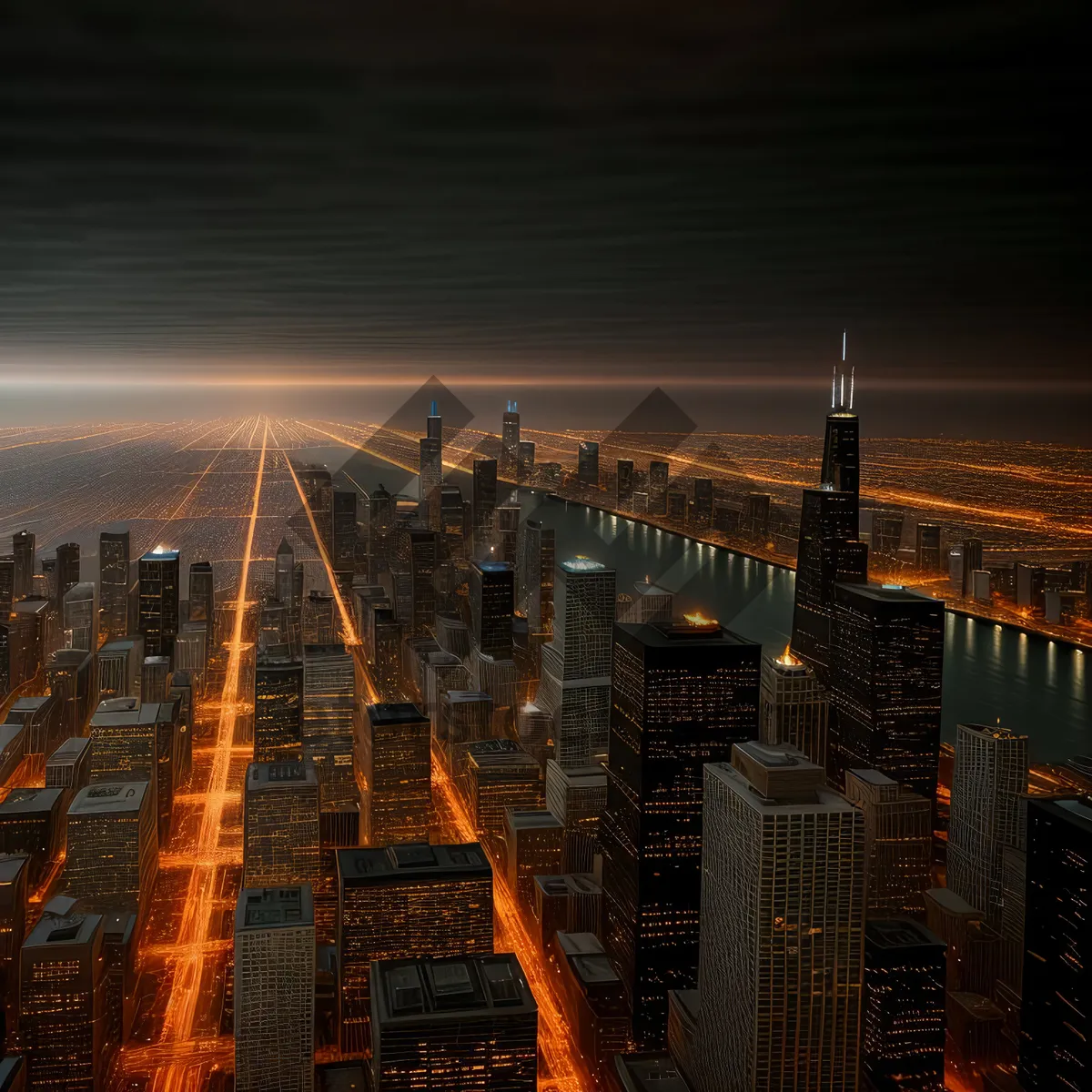 Picture of Nighttime Cityscape with Skyscrapers and Suspension Bridge