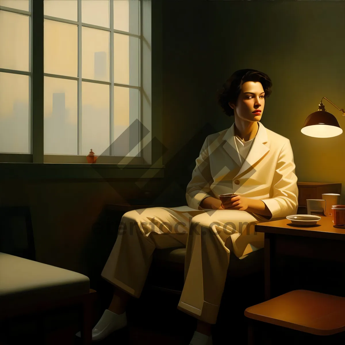 Picture of Happy man sits at desk with laptop in office.