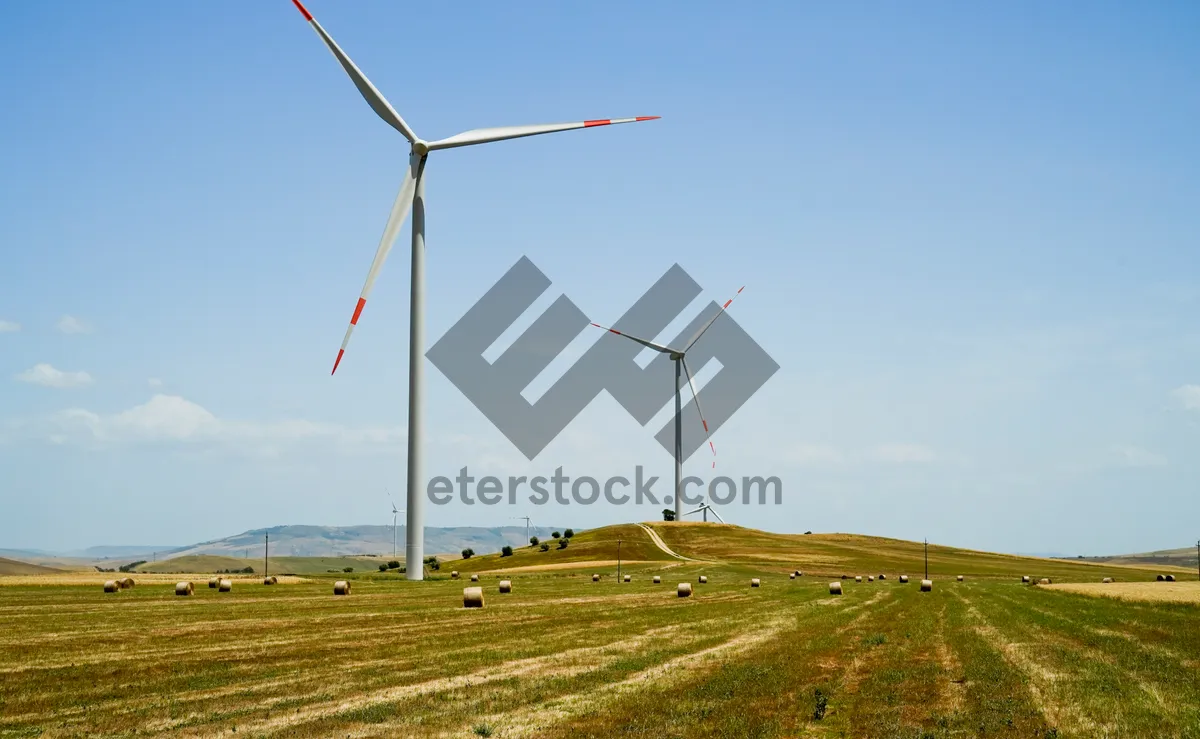 Picture of Sustainable energy: Wind turbine slicing through clean sky.