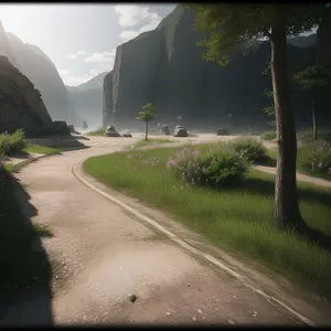 Scenic Country Road with Bend, Trees, and Sky