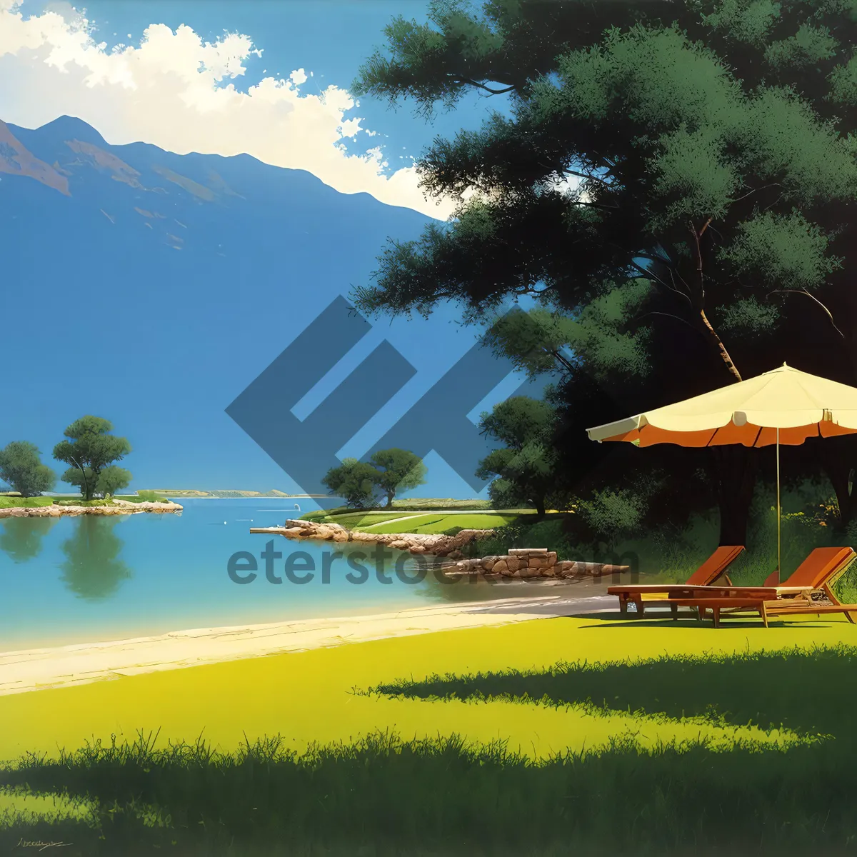 Picture of Serene lakeside scenery with tree canopy and blue sky.