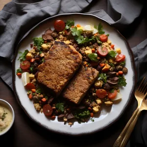 Plate of healthy gourmet vegetable salad with grilled meat
