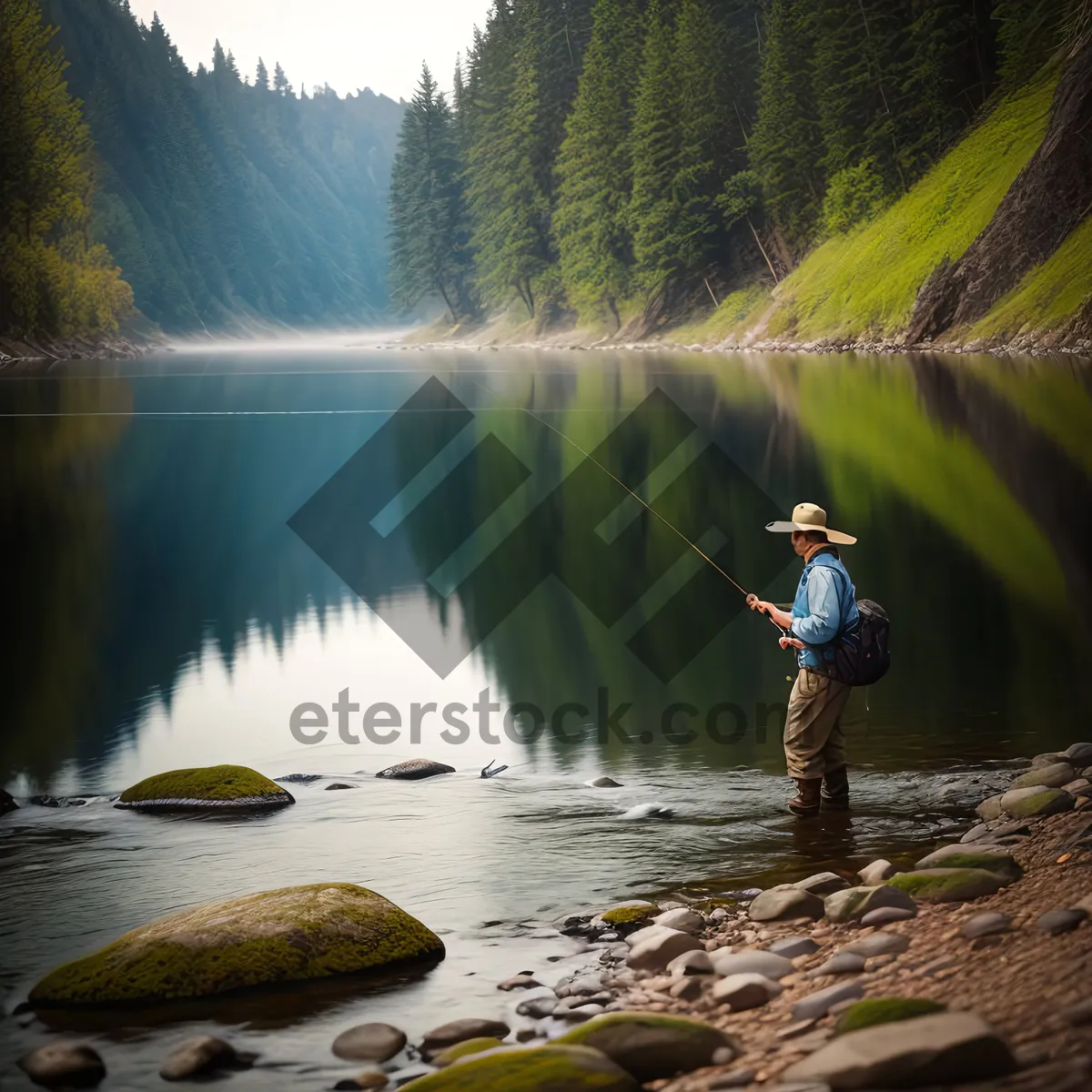 Picture of Serene Waterscape: Majestic Mountain Reflection in Pristine Forest Lake