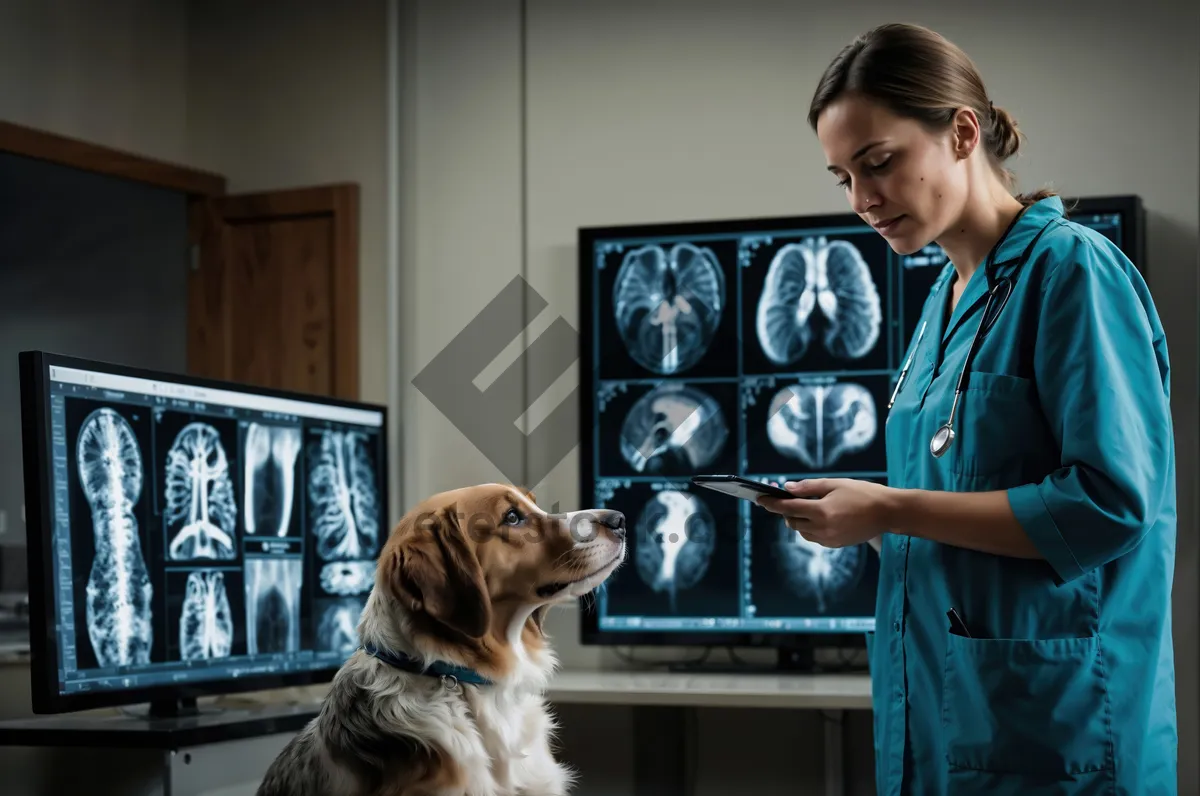 Picture of Adorable golden retriever puppy with its veterinarian.