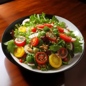 Healthy gourmet vegetable plate with fresh salad and cheese.