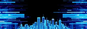 Cityscape illuminated by digital light art design.