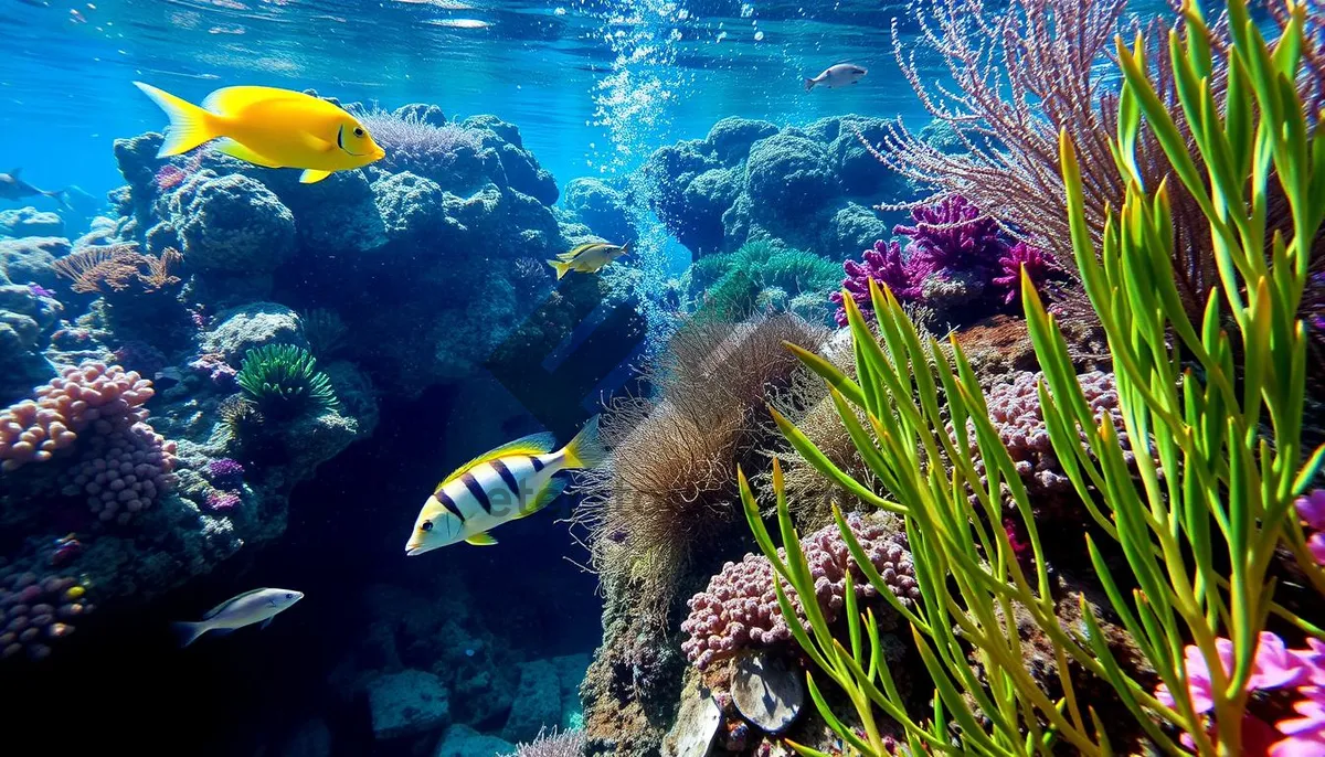 Picture of Colorful Tropical Fish Swimming in Bright Sunlight Underwater