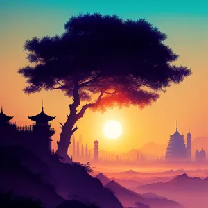 Colorful Sunset Silhouette over Tranquil Landscape