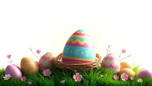 Colorful Easter Eggs Decoration on Grass for Spring Celebration.