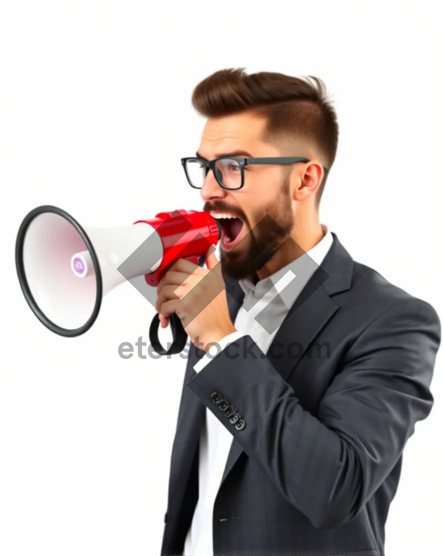 Picture of Attractive professional man smiling, holding acoustic device