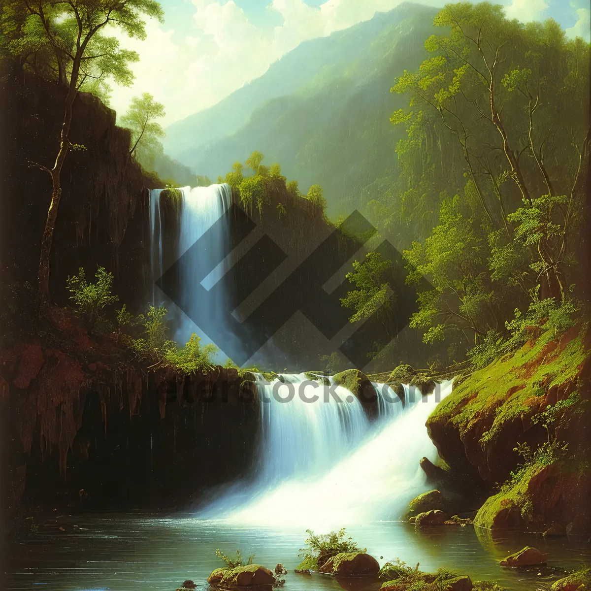 Picture of Wild River Serenity: Majestic Waterfall in Scenic Forest Ravine
