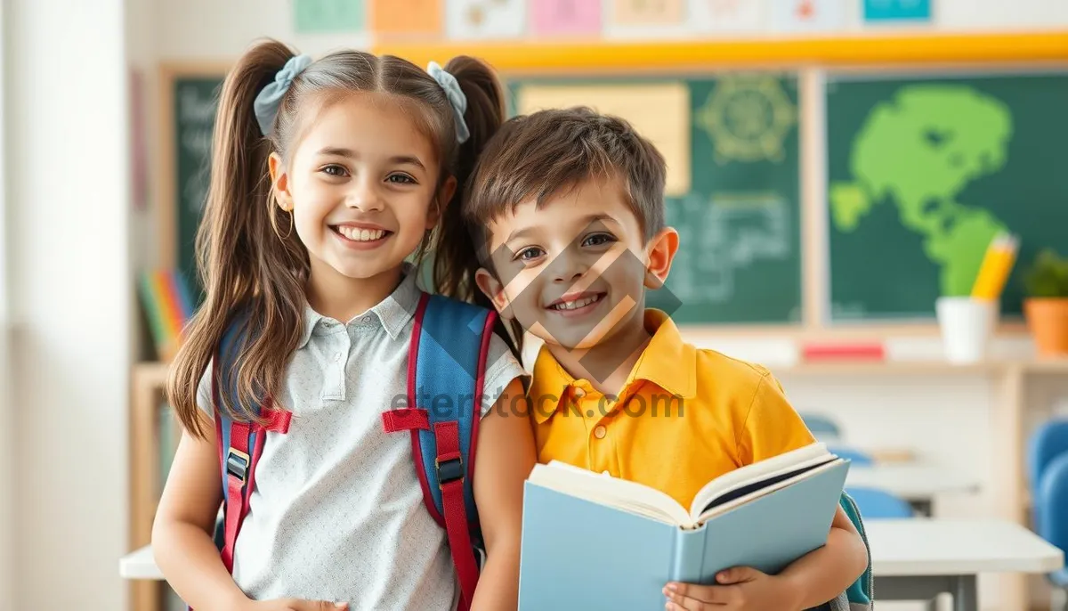 Picture of Group of happy children sitting together in classroom.