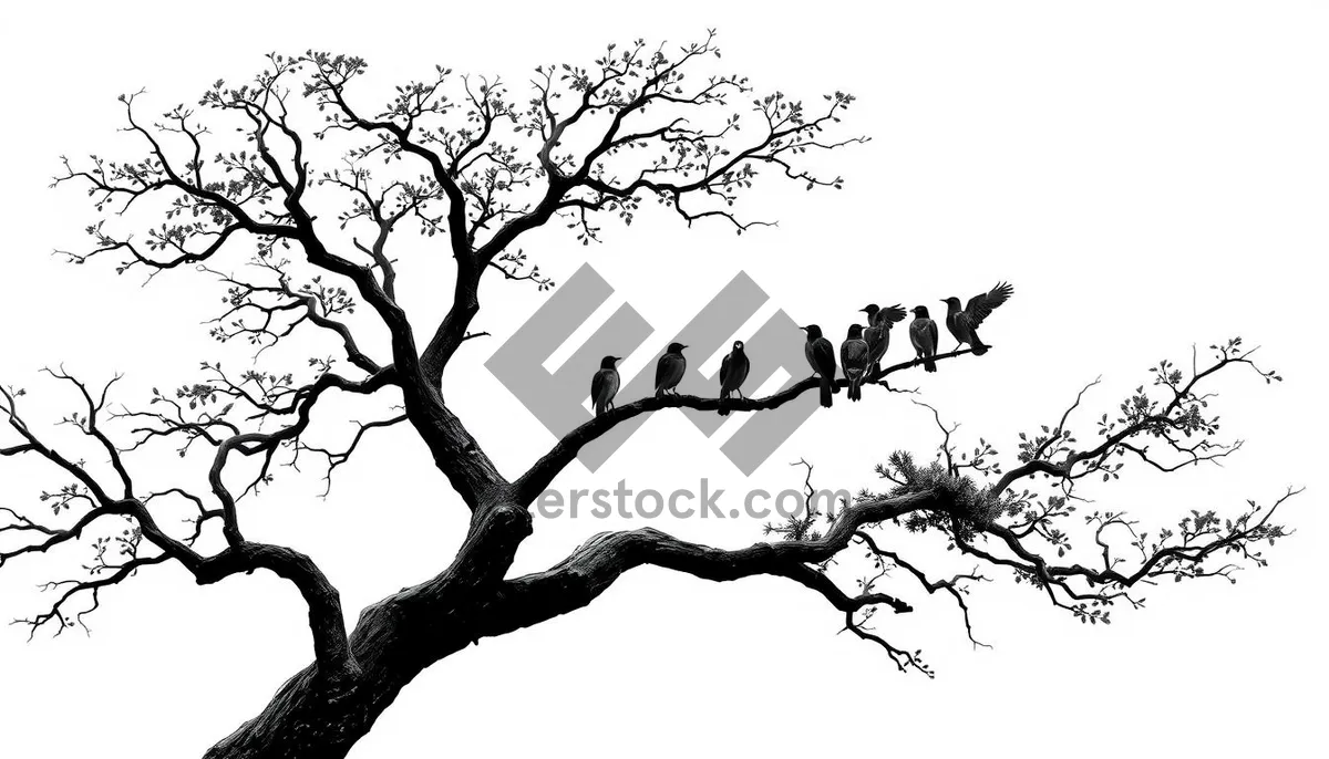 Picture of Seasonal Oak Tree in Forest with Bird Perching.