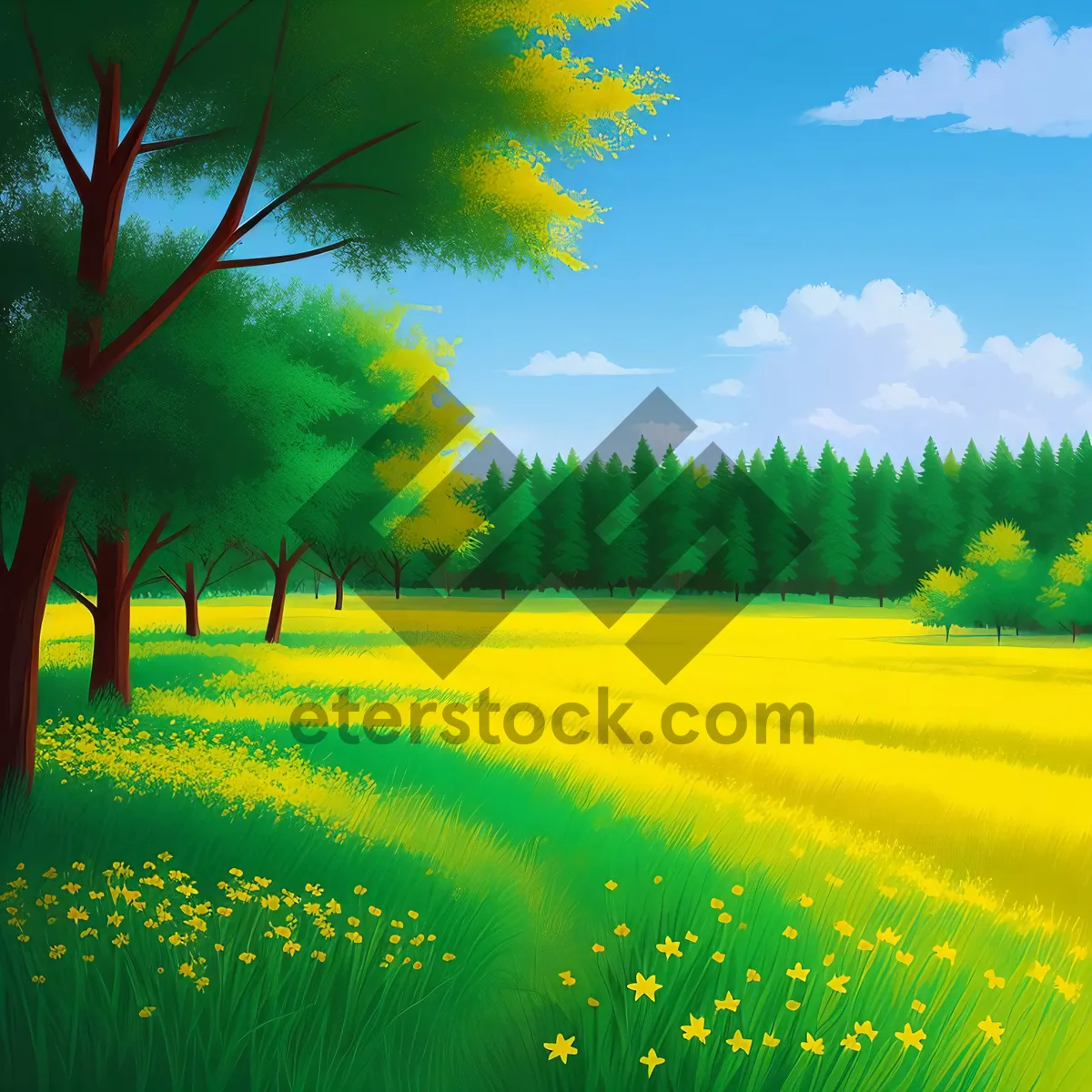 Picture of Serene Countryside Meadow Under Colorful Sky