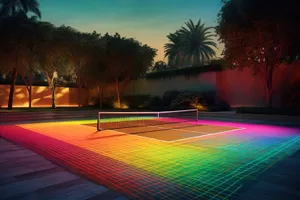 Nighttime resort hotel pool with illuminated fountain and trampoline