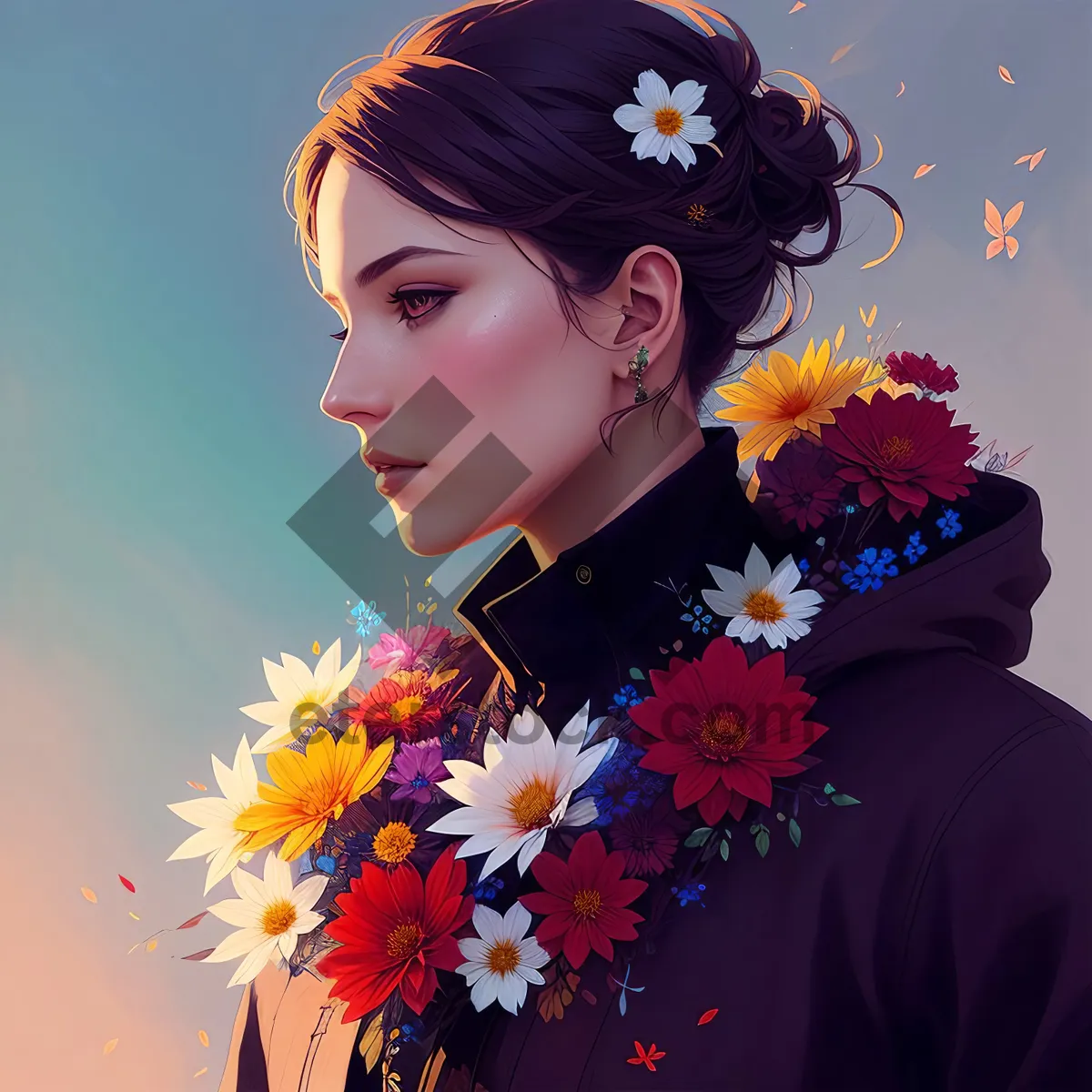 Picture of Smiling Lady with Flower Bouquet