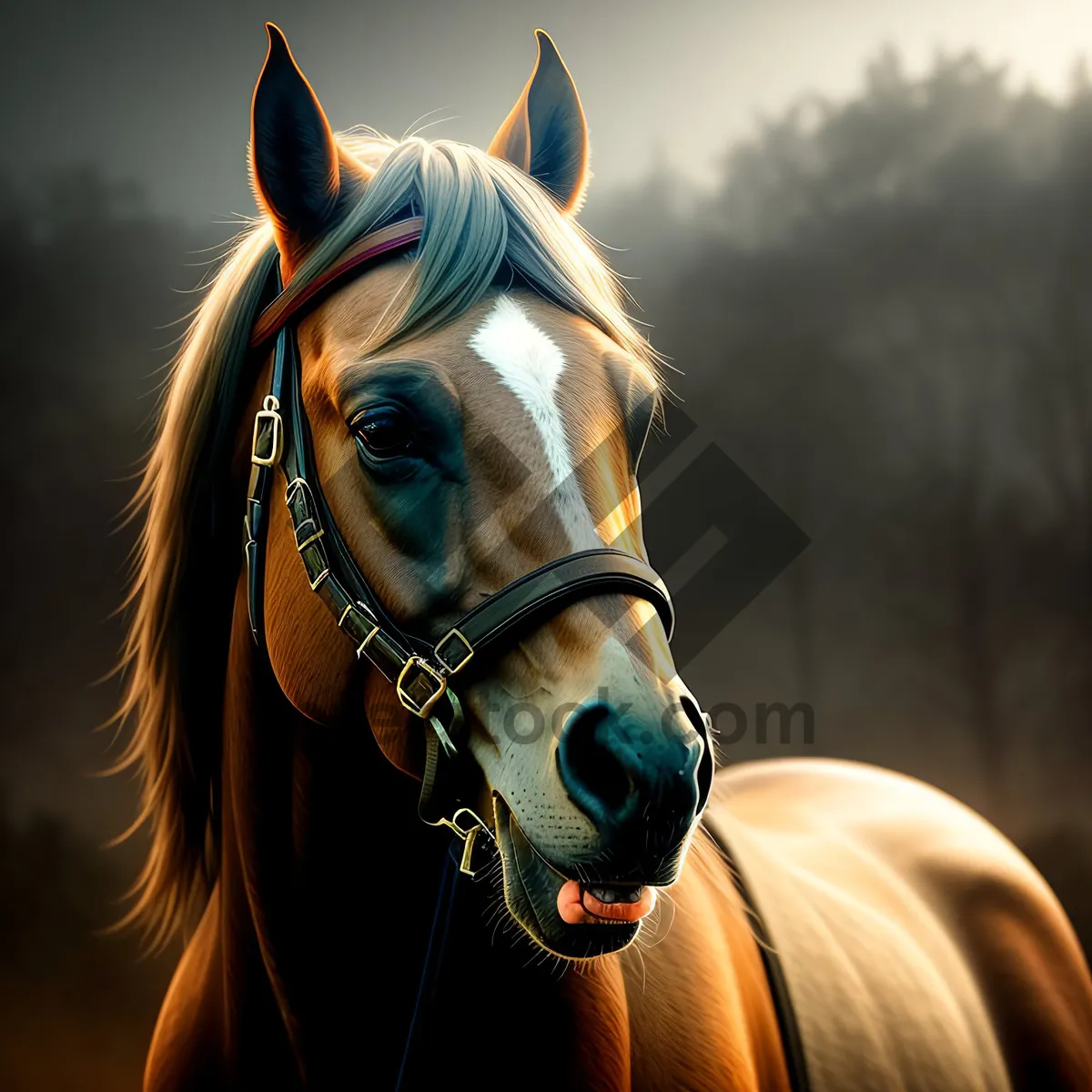 Picture of Beautiful Brown Thoroughbred Stallion Grazing in Meadow