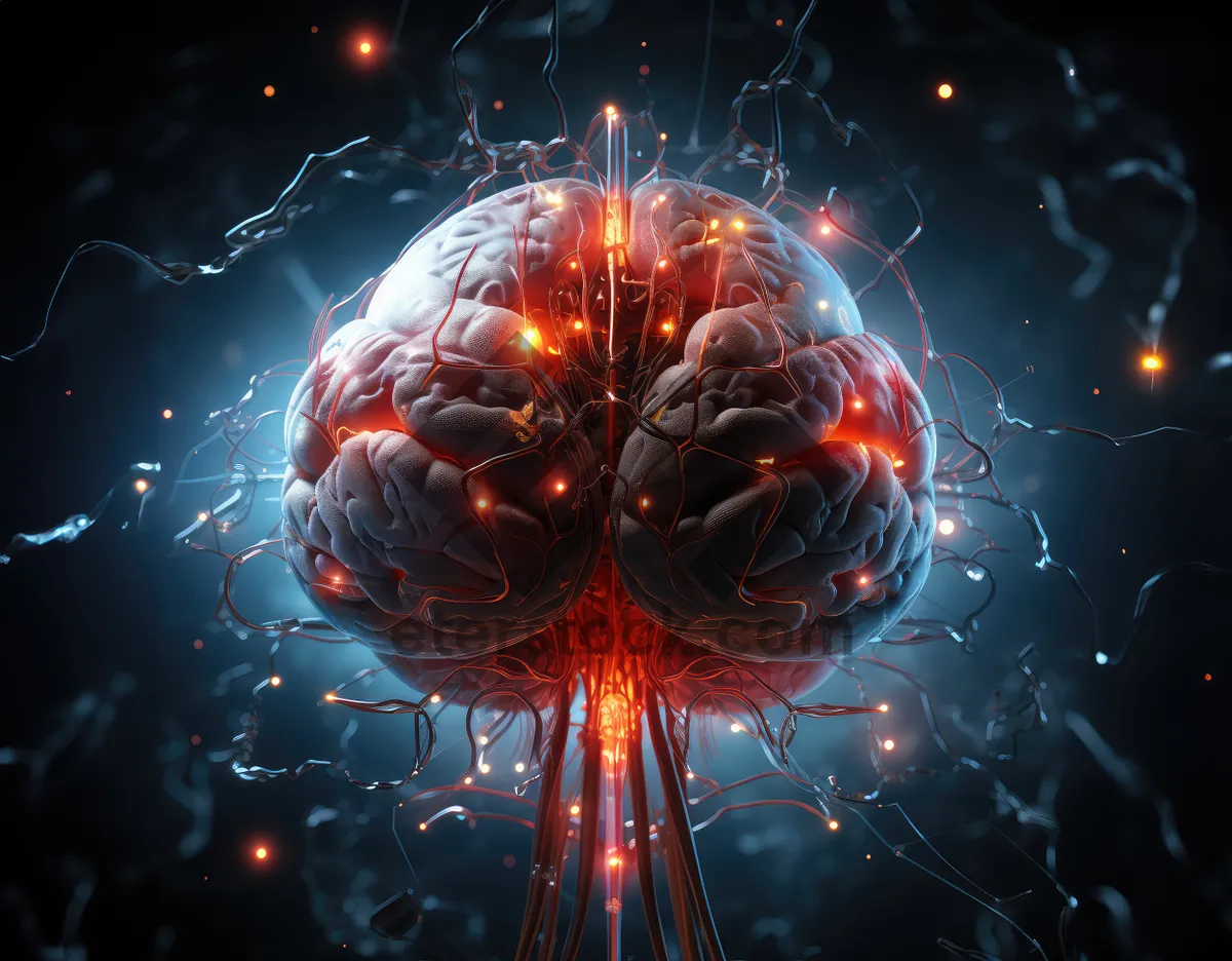 Picture of Science fiction concept of ai. Artificial brain as the most important element of the artificial intelligence system. Electronic chips and memory elements are integrated into the brain structure.