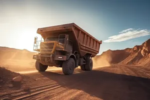 Heavy duty yellow construction truck on dirt road.