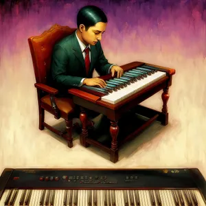 Energetic musician playing an electronic keyboard