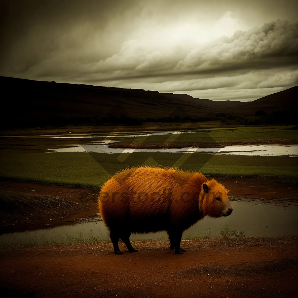 Picture of Wild Warthog Grazing in Pastoral Landscape