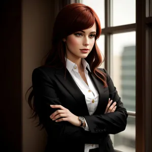 Smiling brunette businesswoman in corporate office setting