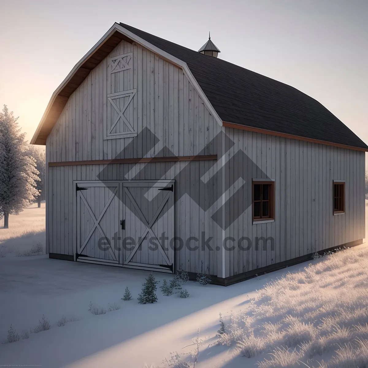 Picture of Old Wooden Barn in Snowy Farm Landscape