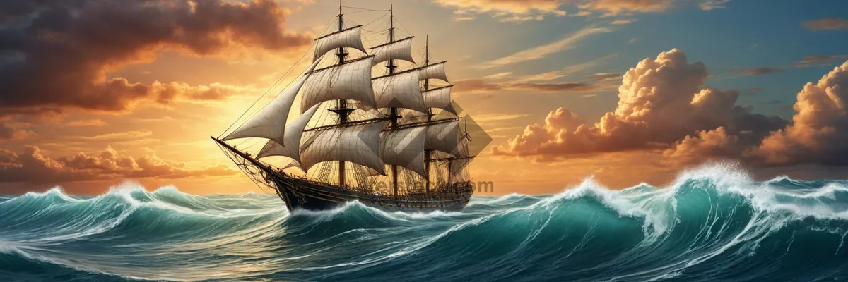 Picture of Pirate ship sailing at sunset on ocean waves