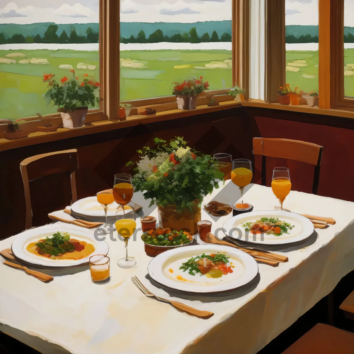 Picture of Dining table setup with wine glasses and plates.