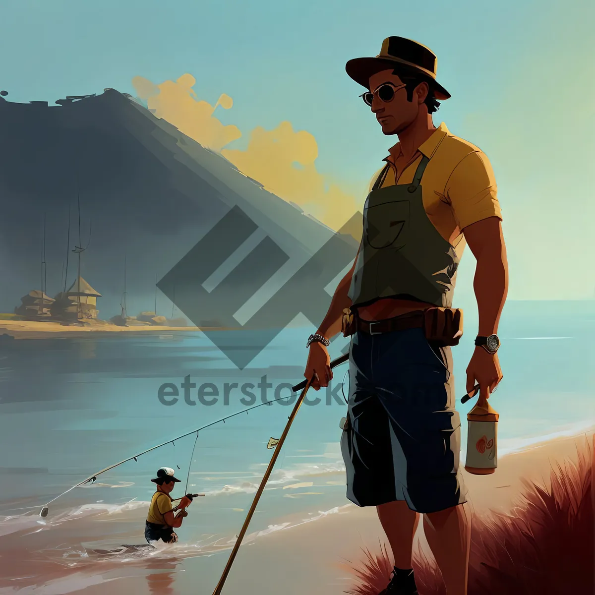 Picture of Man Fishing with Boat Hook at Beach