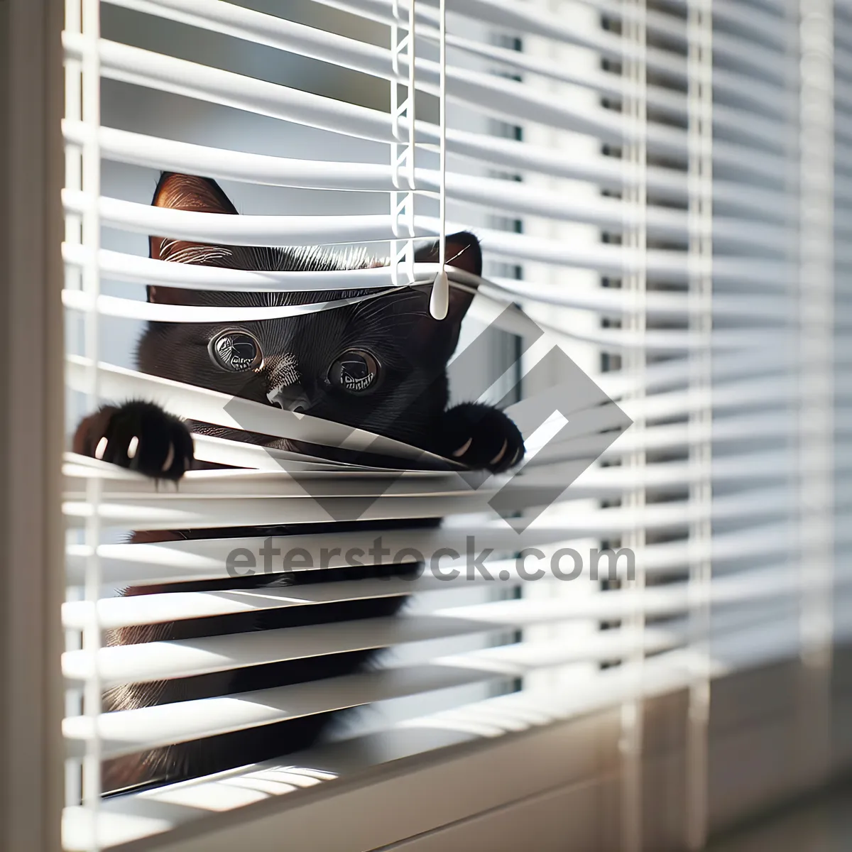 Picture of Black Cat Peeking Out Of White Blinds