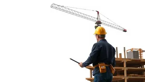 Construction worker wearing hardhat at industrial building site.