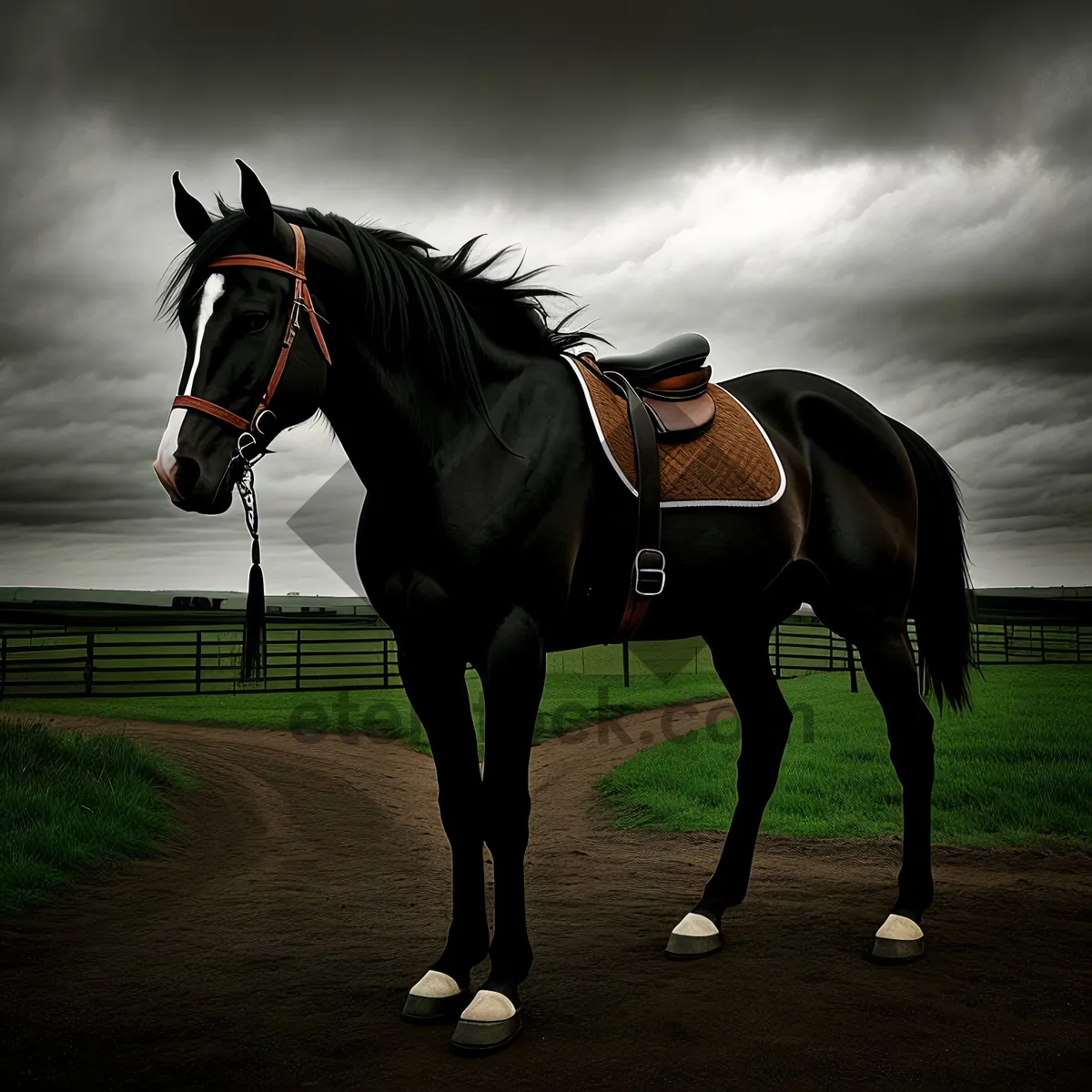 Picture of Brown Thoroughbred Stallion Grazing in Meadow