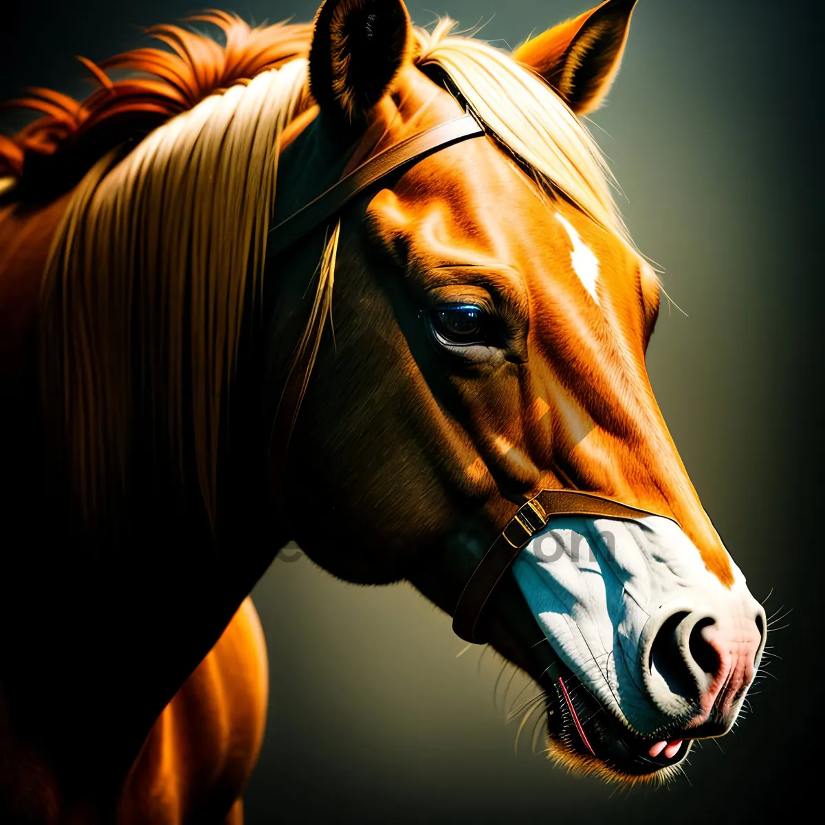 Picture of Thoroughbred Stallion with Brown Mane in Equestrian Gear