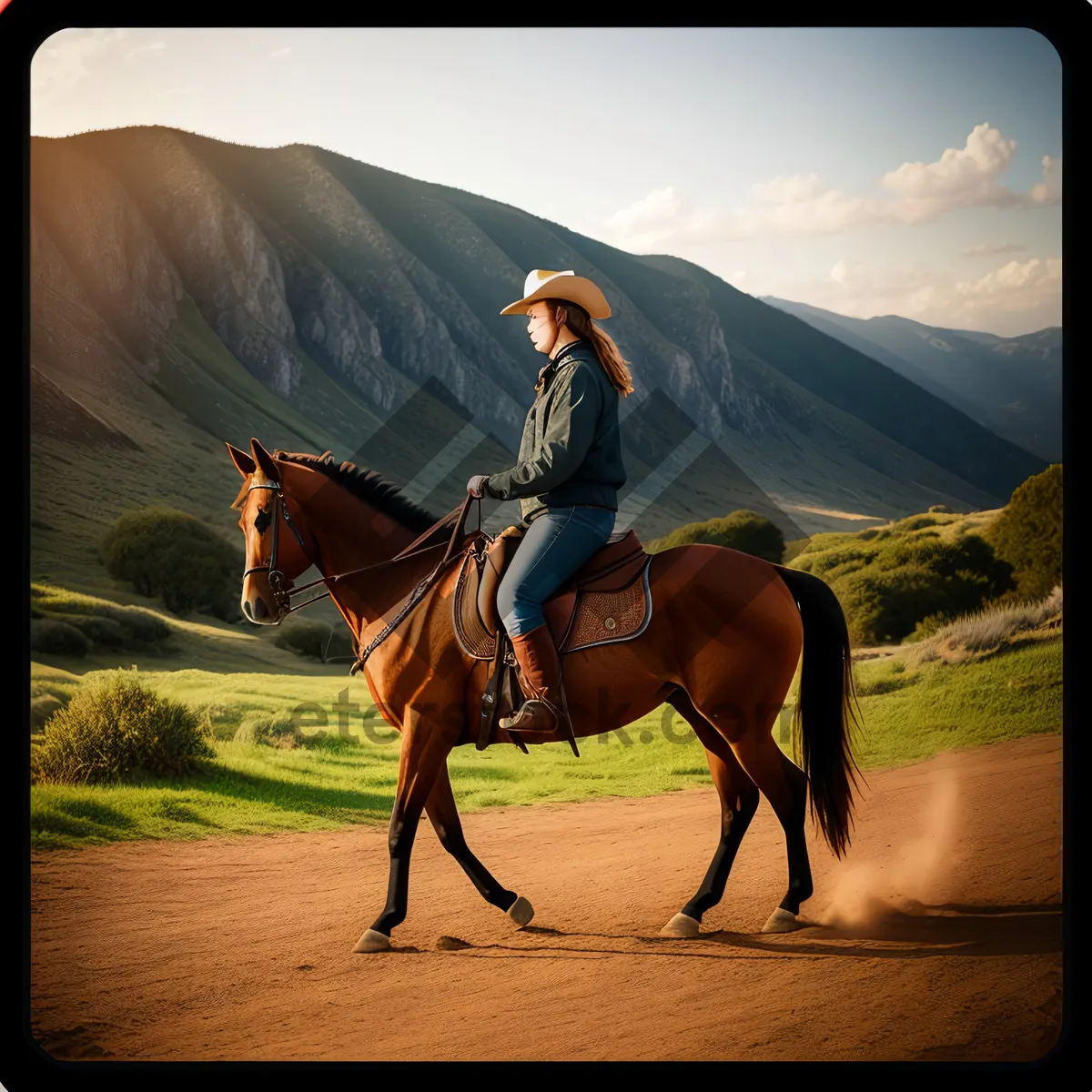 Picture of Majestic Brown Stallion Galloping Across Rural Field