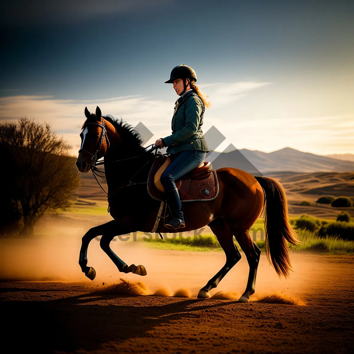 Picture of Golden Horizon: Rider and Stallion Embrace the Sunset