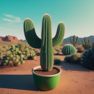 Saguaro cactus in desert landscape with vibrant flowers
